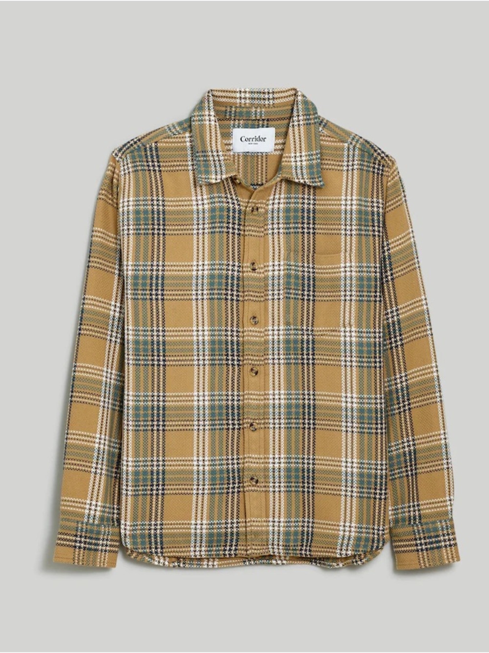 Corridor Button Down Shirt Men’s L Cotton Macro Weave Plaid Tan Green Navy
